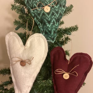 Primitive country farmhouse plush stuffed hearts, Seasonal decor.,Bowl fillers, Christmas ornaments, Homespun hearts, Set of 3