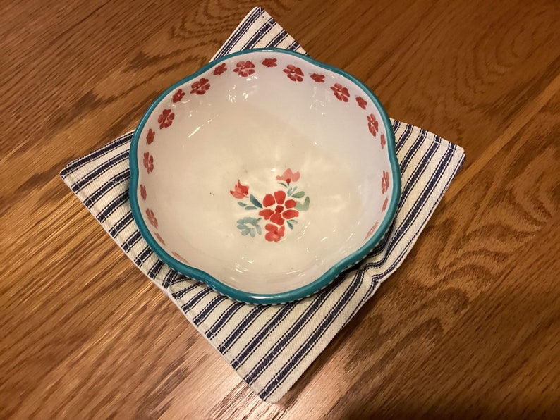 Blue French Ticking Cozies, Microwave Bowl Cozy, Casserole Cozy