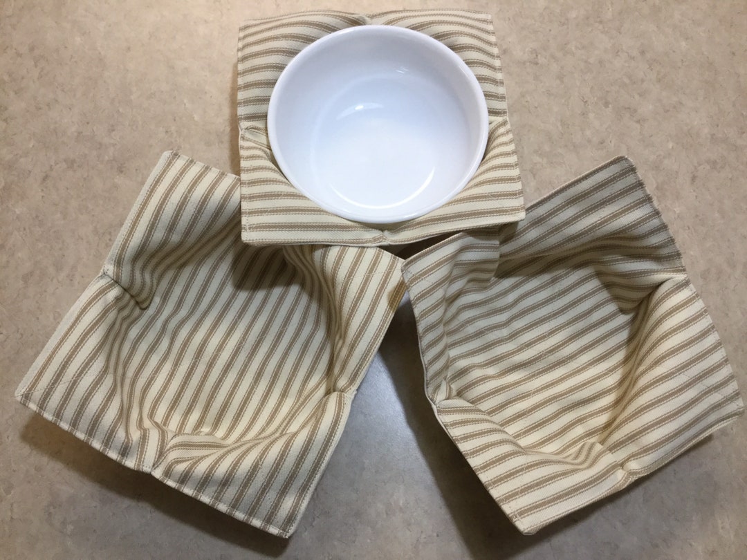 Khaki Microwave Bowl Cozies, Kitchen Bowl Cozies, French Ticking Bowl