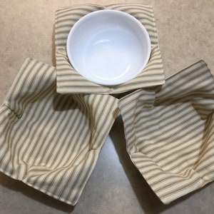Khaki Microwave bowl cozies, Kitchen bowl cozies, French ticking bowl cozy, Pioneer woman bowl cozy, Soup bowl cozy, koozies