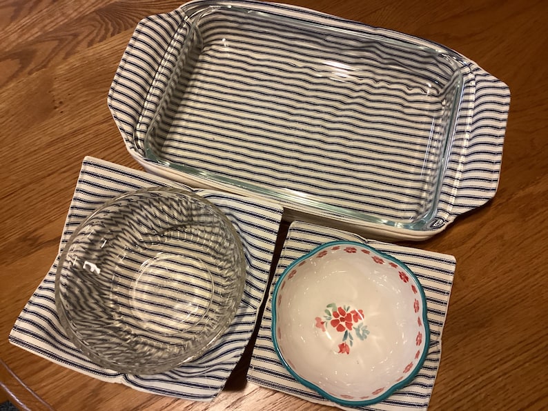 Blue French Ticking Cozies, Microwave Bowl Cozy, Casserole Cozy