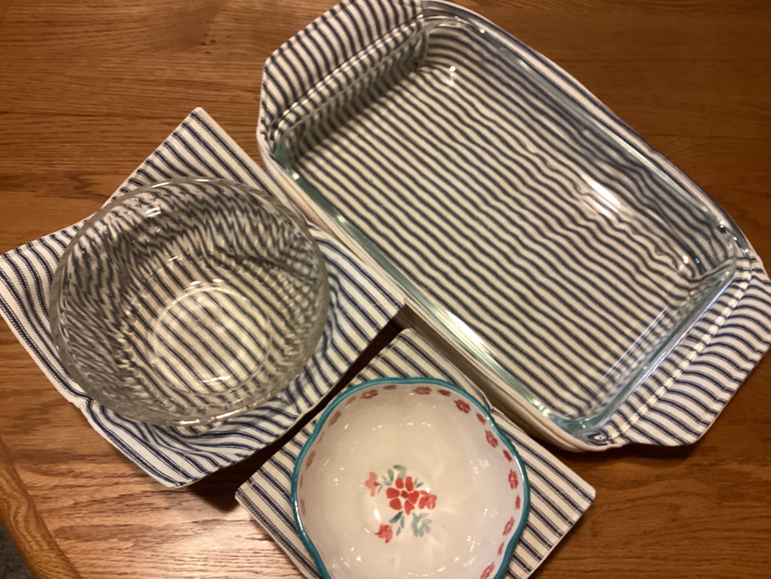 Blue French Ticking Cozies, Microwave Bowl Cozy, Casserole Cozy