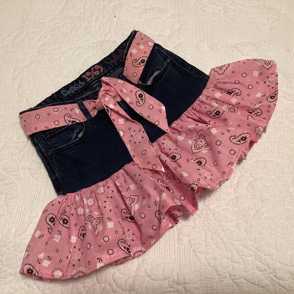 Girls sizes 2-12 Pink bandana print denim ruffle skirt, Pink upcycled skirt, Western skirt, Cowgirl skirt, Girls tutu skirt,Girls jean skirt