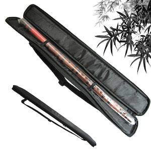 May include: A black carrying case with a shoulder strap for a Chinese bamboo flute. The case is open and the flute is inside. The flute is made of brown bamboo with black accents.