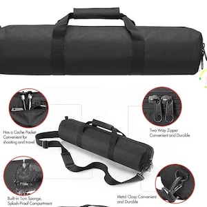 May include: Black cylindrical carrying case with a handle and shoulder strap. Features include a two-way zipper, cache pocket, and a splash-proof compartment. The case has a metal clasp.