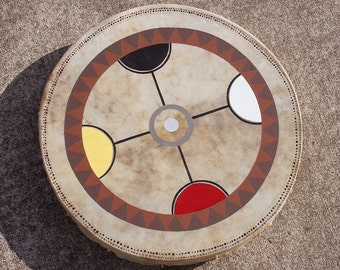 May include: A round, brown leather drum with a painted design. The design features four colored circles, a central circle, and four lines radiating from the center. The colors are red, yellow, black, and white.