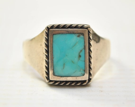 Arizona Turquoise Rectangular Stone Rope Bezel iSterling Silver Ring Sz 13 #7853