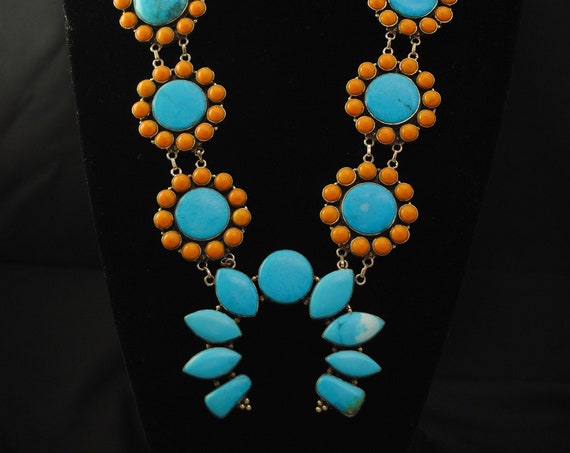 Blue Turquoise Yellow Coral Squash Blossom Necklace #12031
