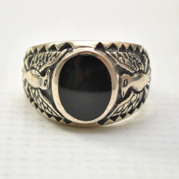 Onyx Oval with War Bird in Sterling Silver Ring Sz 12 #8792