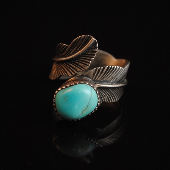 Sterling Silver Native American Navajo Feather Turquoise Ring Sz 11 #13283