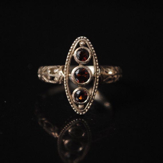 Sterling Silver Fire Garnet Art Deco Ring Sz 8 #9739