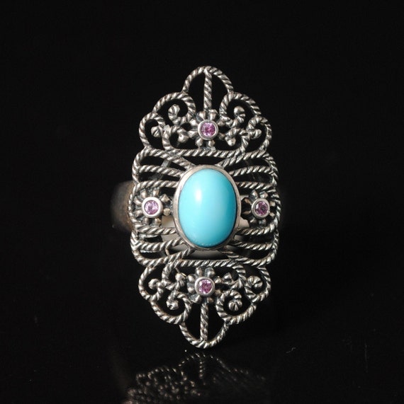 Sterling Silver Antique Style Turquoise Ruby Art Deco Ring Sz 7 #10247