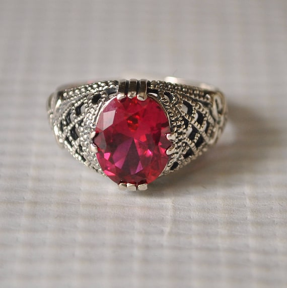 Sterling Silver Ruby Art Deco Ring Sz 7 #9815