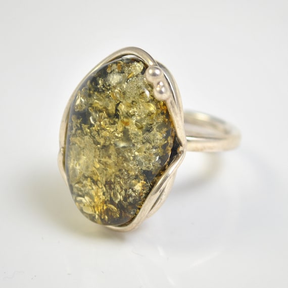 Sterling Silver Green Amber Adjustable Ring #10449