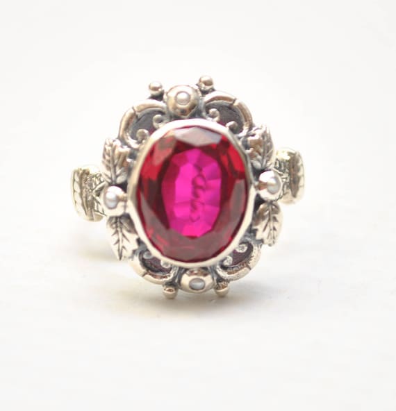 Sterling Silver Antique Style Art Deco Ruby Pearl Filigree Ring Sz 7 #7928