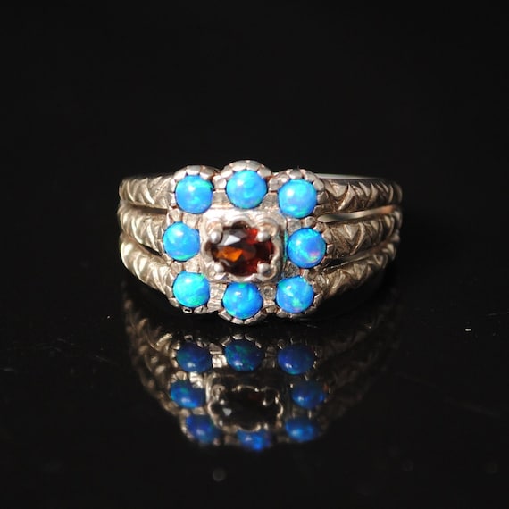 Sterling Silver Garnet Blue Fire Opal Art Deco Ring Sz 7 #7012