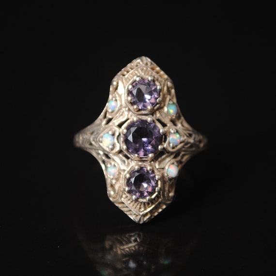 Sterling Silver Amethyst Opal Art Deco Ring Sz 7 #7580