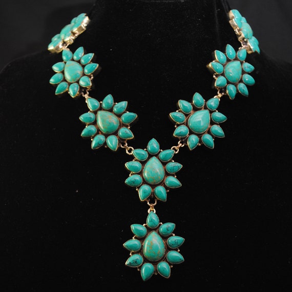 Green Turquoise Teardrop Flower Blossom Necklace #12045