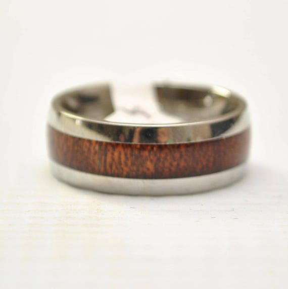 Hawaiian Koa Wood Narrow Inlay Band in Stainless Steel Ring Sz 13 #8207