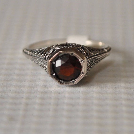 Sterling Silver Fire Garnet Art Deco Ring Sz 7 #9763