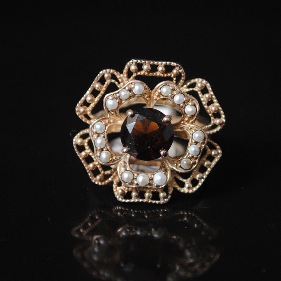 Sterling Silver Antique Style Art Deco Smoky Topaz Seed Pearl Ring Sz 8 #7931