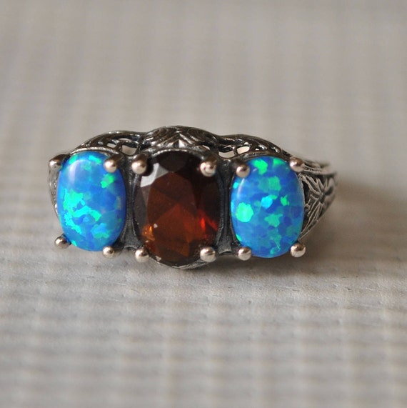 Sterling Silver Fire Garnet Opal Ring Sz 6 #9754