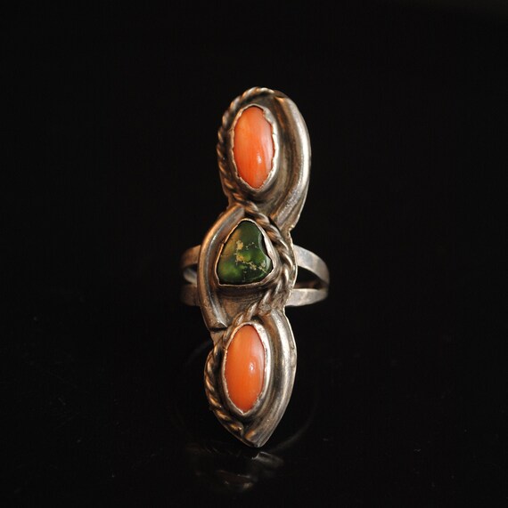 Sterling Silver Native American Navajo Turquoise Coral Ring Sz 8 #13270