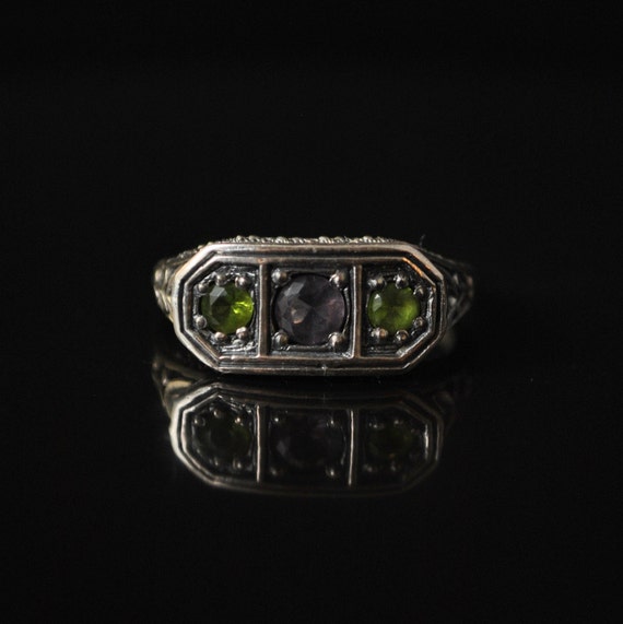 Sterling Silver Amethyst Peridot Art Deco Ring Sz 6.5 #10345