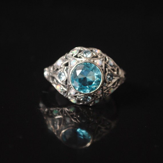 Sterling Silver Aquamarine Fire Opal Art Deco Ring Sz 6 #12968