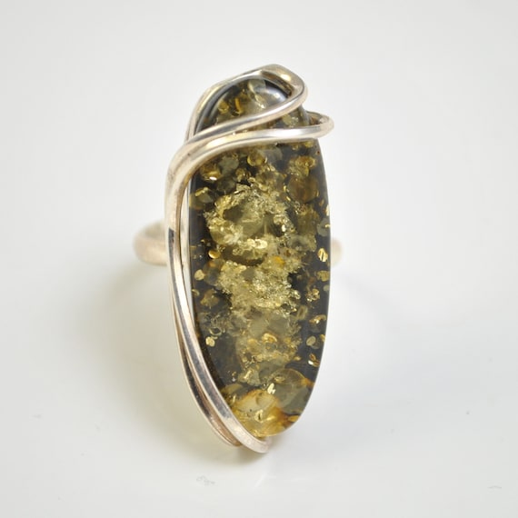 Sterling Silver Green Amber Adjustable Ring #10446