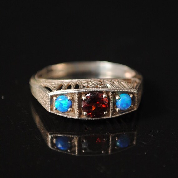 Sterling Silver Garnet Opal Art Deco Ring Sz 8 #4477