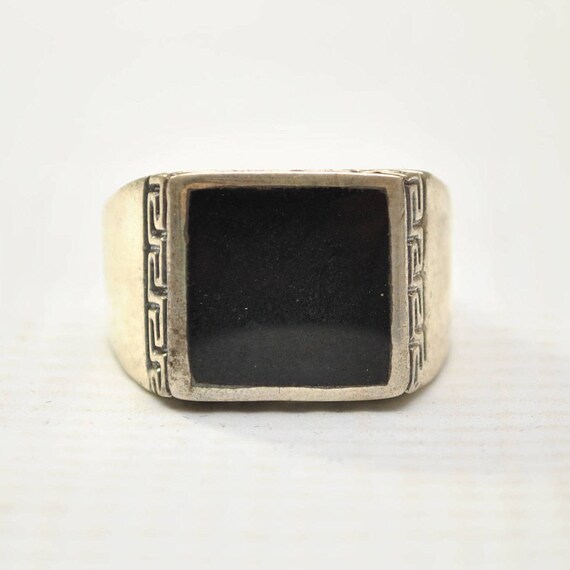Onyx Square Stone in Greek Key Sterling Silver Ring Sz 11 #8759
