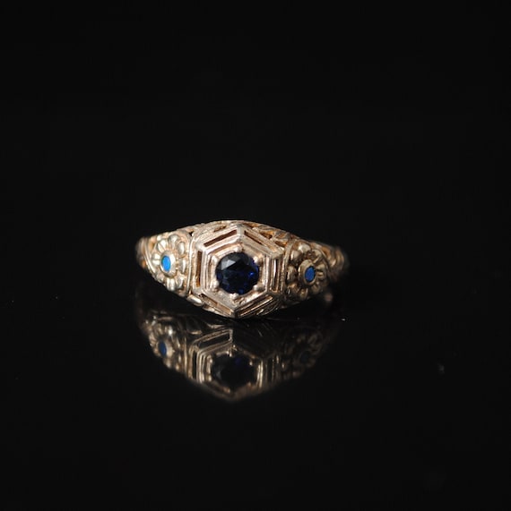 Sterling Silver Blue Sapphire Opal Art Deco Ring Sz 6 #12397