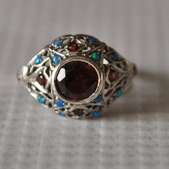 Sterling Silver Garnet Opal Edwardian Ring Sz 6 #9794