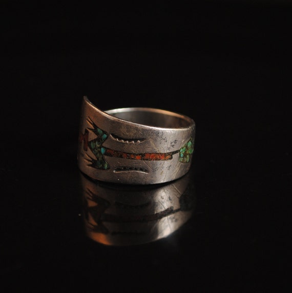 Sterling Silver Native American Navajo Zuni Inlay Turquoise Coral Ring Sz 11.5 #13278