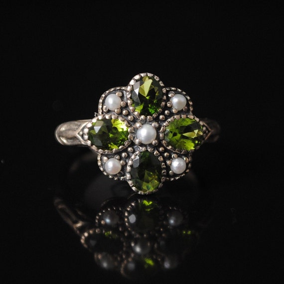 Sterling Silver Peridot Pearl Art Deco Ring Sz 6 #9704