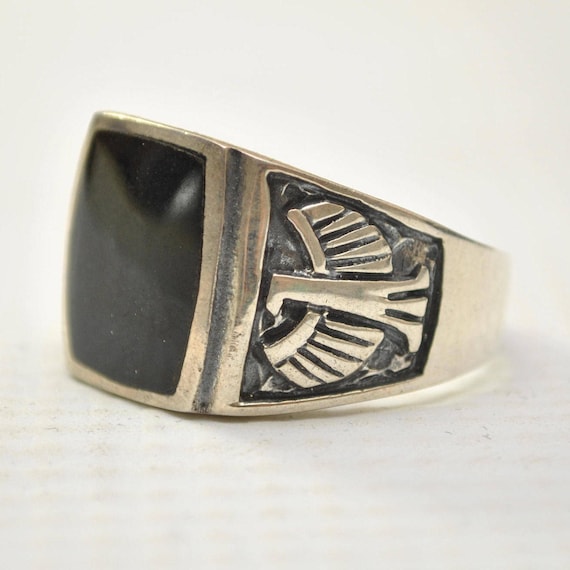 Onyx Curved Square Phoenix Bird in Sterling Silver Ring Sz 12 #12873