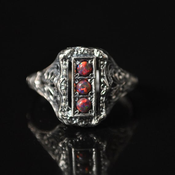 Sterling Silver Red Fire Opal Art Deco Ring Sz 8 #10217