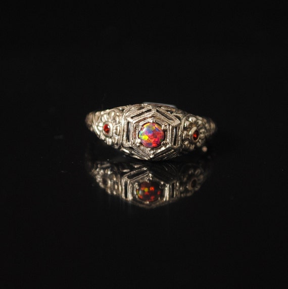 Sterling Silver Red Fire Opal Garnet Art Deco Ring Sz 6 #12966