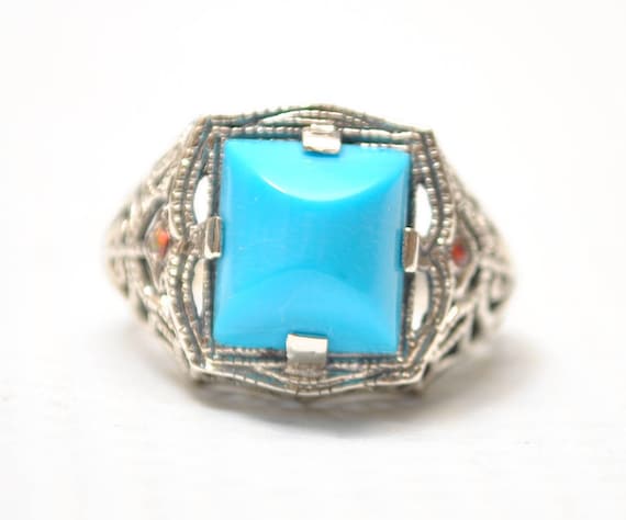 Sterling Silver Antique Style Art Nouveau Turquoise Opal Filigree Ring Sz 6 #7954