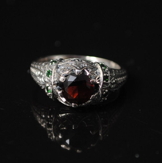 Sterling Silver Garnet Emerald Art Deco Ring Sz 6 #11525