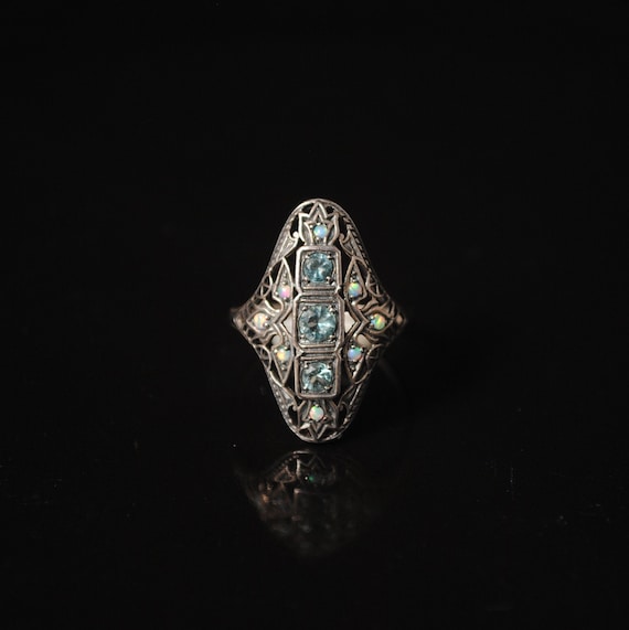 Sterling Silver Aquamarine Fire Opal Art Deco Ring Sz 6 10308