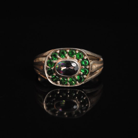 Sterling Silver Rainbow Topaz Emerald Art Deco Ring Sz 7 #5242