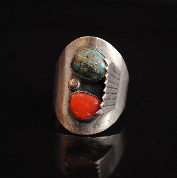Sterling Silver Native American Navajo Turquoise Coral Ring Sz 10.5 #13288