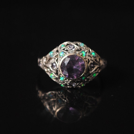 Sterling Silver Amethyst Opal Art Deco Ring Sz 8 #12993