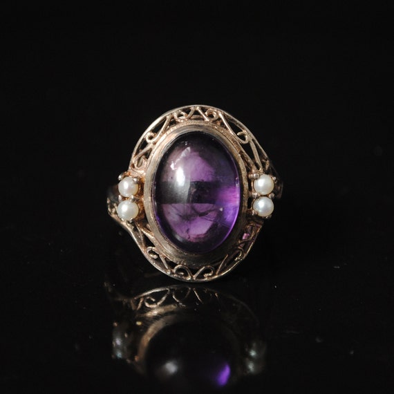 Sterling Silver Antique Style Amethyst Pearl Edwardian Ring Sz7 #6882