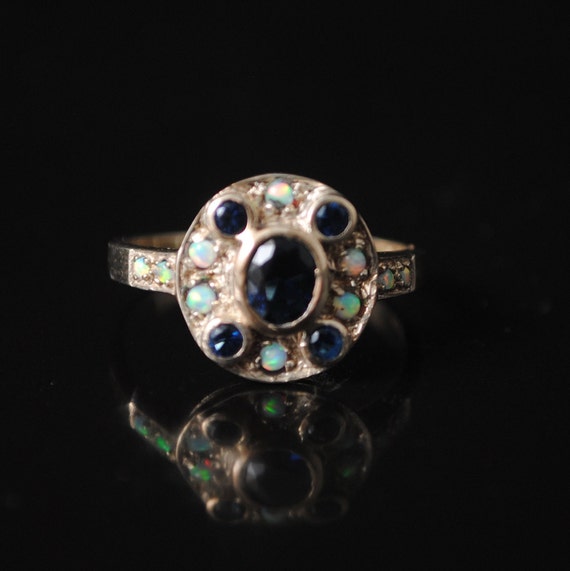 Sterling Silver Blue Sapphire Opal Art Deco Ring Sz 6 #12390