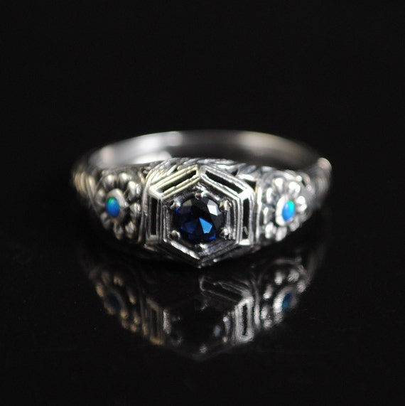 Sterling Silver Blue Sapphire Art Deco Ring Sz 7 #11651