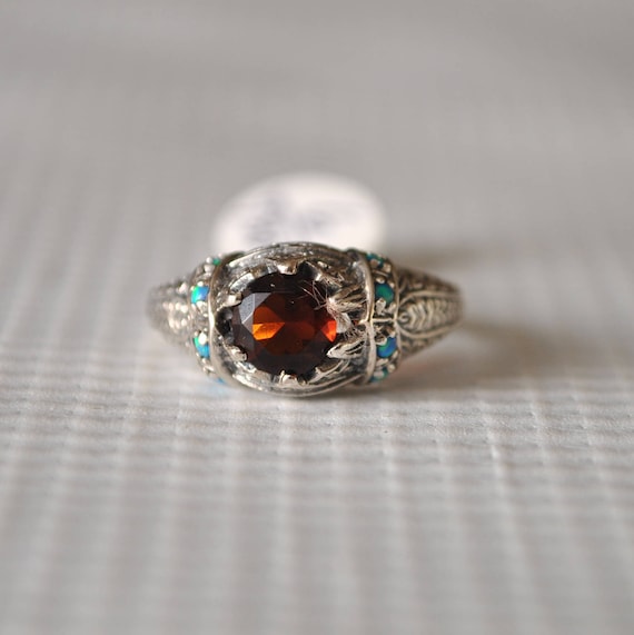 Sterling Silver Garnet Blue Fire Opal Art Deco Ring Sz 6 #9804