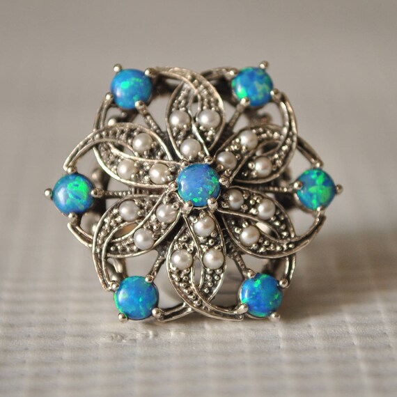 Sterling Silver Fire Opal Pearl Art Deco Ring Sz 6 #9846
